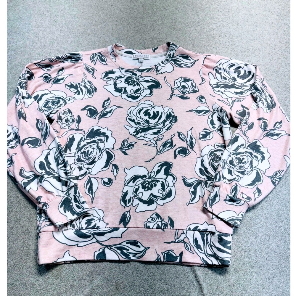 P.J. Salvage Floral Sweatshirt Women XS Pink Gray Rose Print Pullover Lounge Top